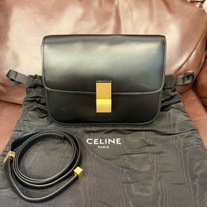 Celine Classic Box Triomphe Medium Calf leather black flap bag canvas handbag